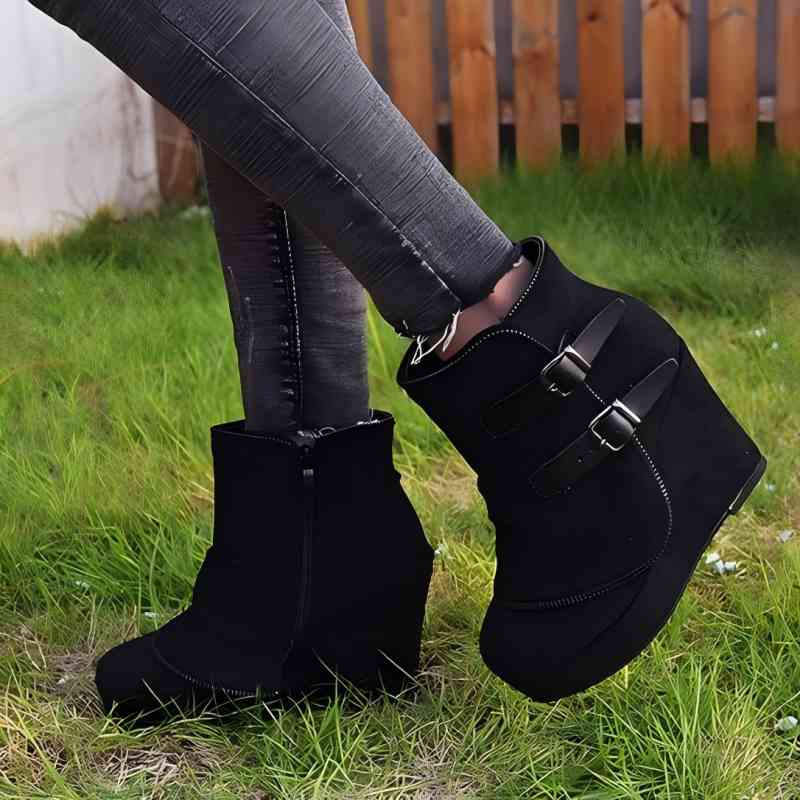 Fashion Women Warm Chunky Heeled Ankle Boots Fashion Retro Botas Mujer Suede Wedge Zipper Solid Color Round Toe Shoes Ladies Short Boots