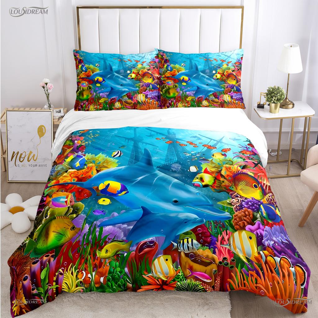 Comforter 3D Ocean World Dolphin Whale Fish Comforter Beding Set Soft And For Single/Double/Queen/King