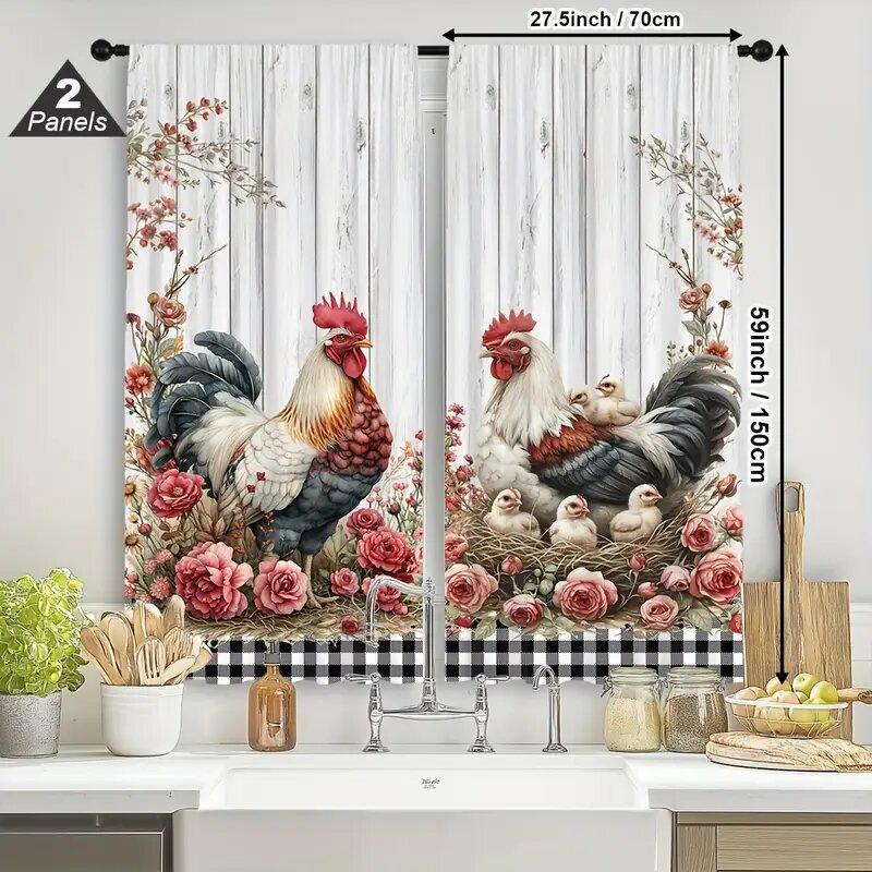 2pcs - Vintage farmhouse floral rooster pattern printed curtains, window decorations, home decorations, room decorations