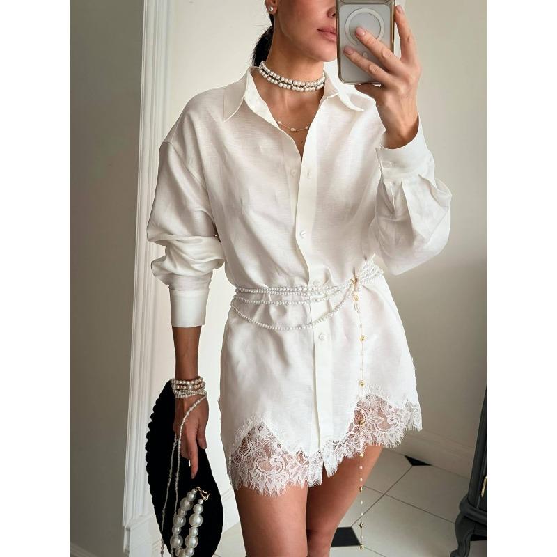 Women's White Long Sleeve Shirt Dress Button Front Casual Mini Dress