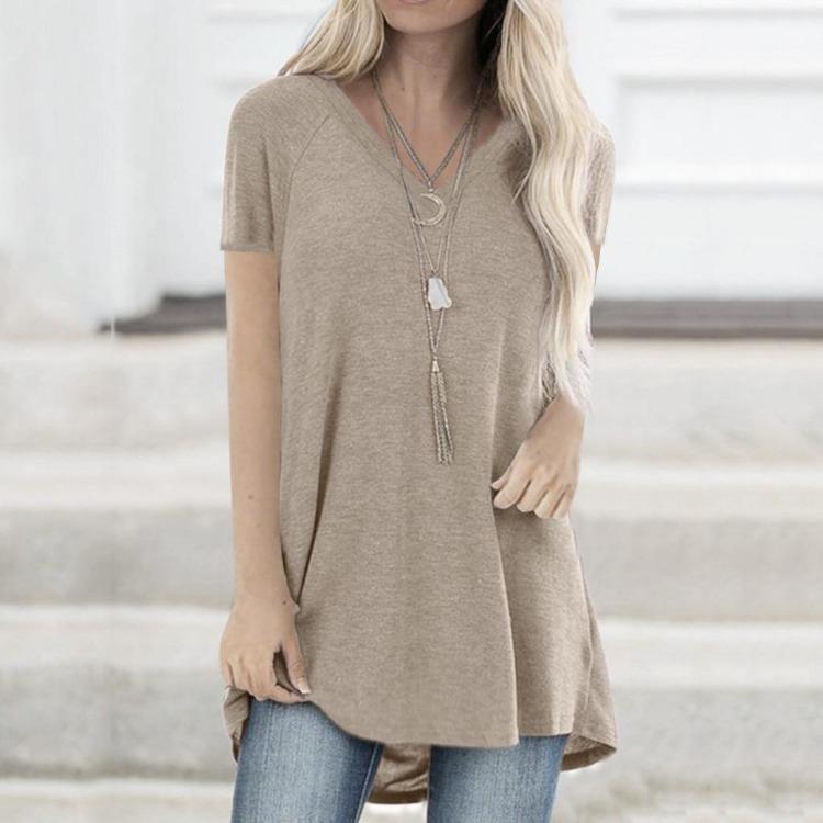 Übergröße Damenmode V-Ausschnitt Ramidos Print Kurzarm Langes T-Shirt Bluse