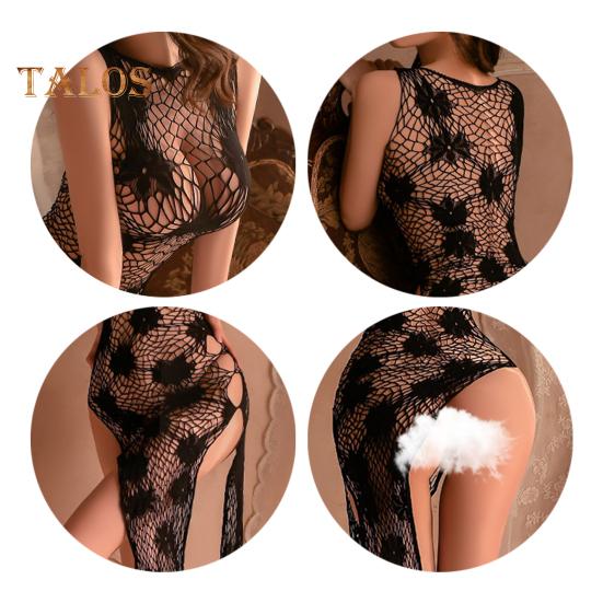 Women Sex Nightdress Hollow Out See-through Fishnet Sleeveless Floral Patch High Elasticity Thin Skinny Lady Honeymoon Wedding Night Sleepwear