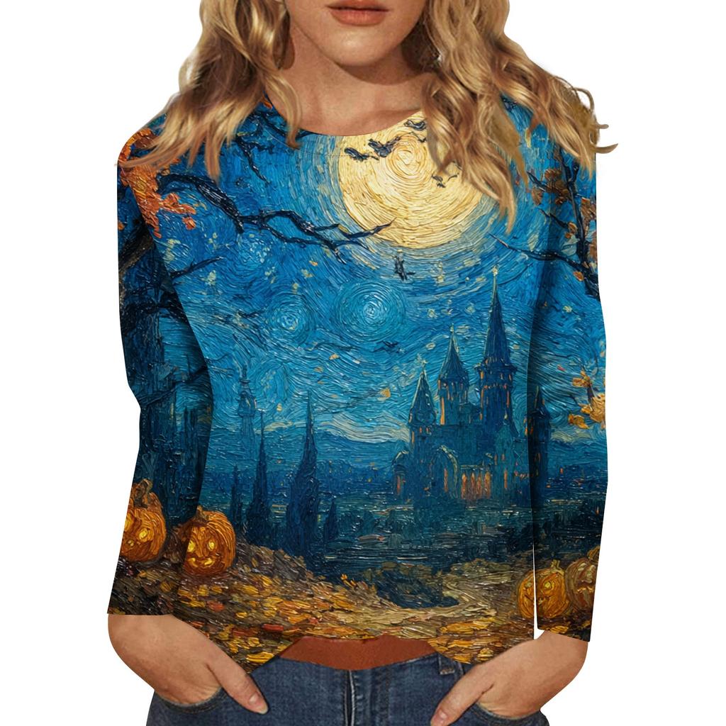 Women's Long-sleeved Loose-necked Halloween Print Casual Top, Suitable for Holiday Parties