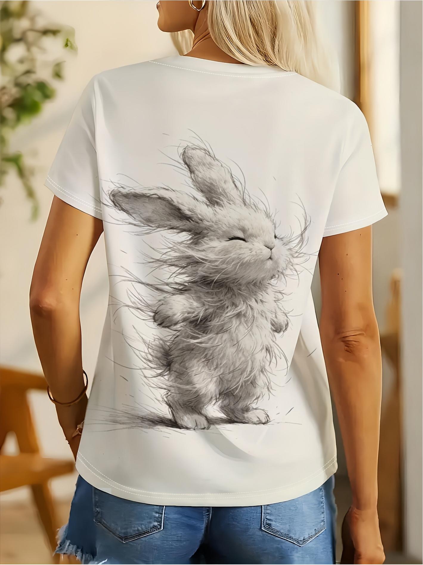 

Women S T-Shirt - - Versatile Sketch Style Frayed Rabbit Beige Crew Neck Short Sleeve T-Shirt Women S Daily Street Soft And Cute Artistic Outfit Versa S дубильна кора