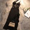 French Sexy Lace Hollow Suspender Dress Women's Design Sense Nightclub Fashion Temptation Ruffle Edge Split Dress