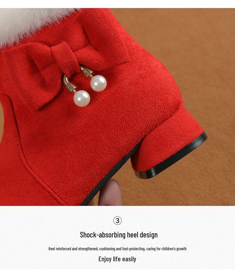 New Red and Black Girls' Cotton Princess Ankle Boots - Low Heel, Autumn/Winter