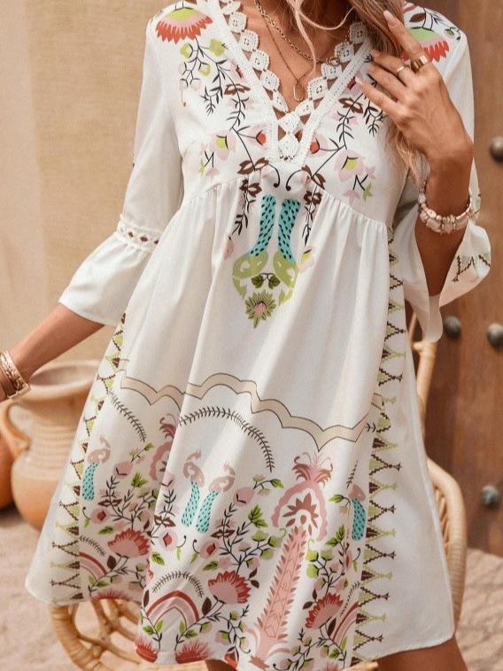 2026 European & American Women's Summer V-neck Lace Patchwork Casual Printed Dress.