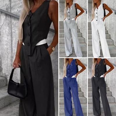 2 Pçs/Conjunto Feminino Top Calça Terno Sem Mangas Decote Em V Trespassado Colete Irregular Elástico Cintura Alta Perna Larga Calças Cor Sólida Formal