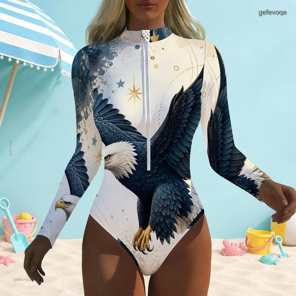 Women Plus Size Dark Blue High Neck Front Zip Long Sleeve Galaxy Printed One Piece Swimsuit