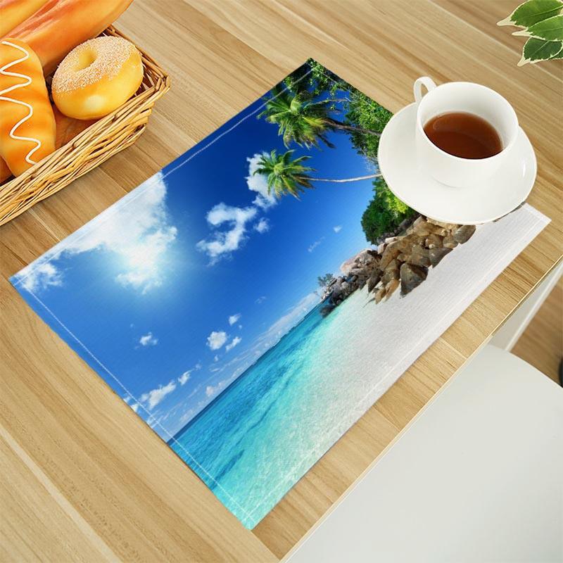 

Beach Landscape Coconut Trees Print Linen Dining Table Mats Alphabet Kitchen Placemat 30X45cm Coasters Pads Bowl Cup Mat 4pcs-30x45cm