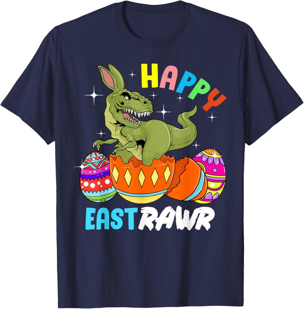 Happy Eastrawr Dinosaur Bunny Easter Egg Graphic Tee Cool Men's Casual Cotton T-Shirt