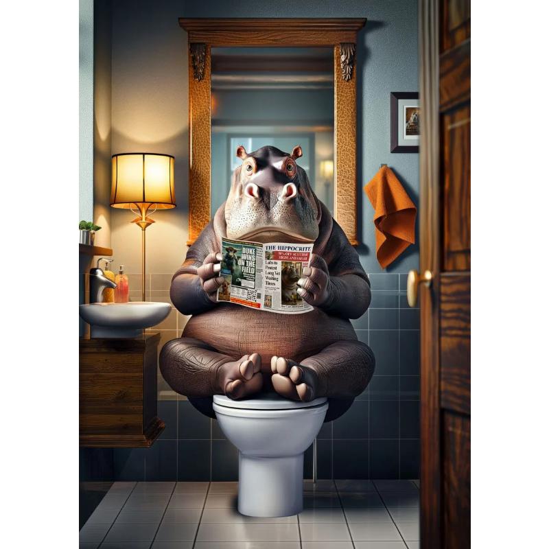 Modern Lion Dog Highland Sitting On Toilet Reading Newspaper Poster Funny Animal Print Canvas Painting Bathroom Decor Picture