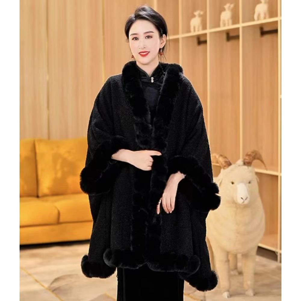 

Вовняна куртка, плюшевий і потовщений хутряний комір для утеплення, вільний плащ великого розміру, шаль, чохол 0018 One size чорний