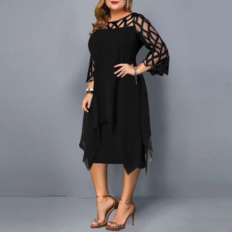 Chiffon Dress Spring European and American Women's Clothing Lace Patchwork 3/4 Sleeve Asymmetrical Hem Chiffon Dress