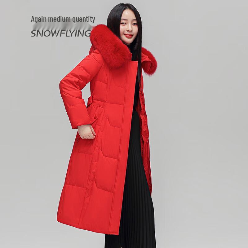 SNOWFLYING Women's Long Fox Fur Collar Down Jacket with Belt