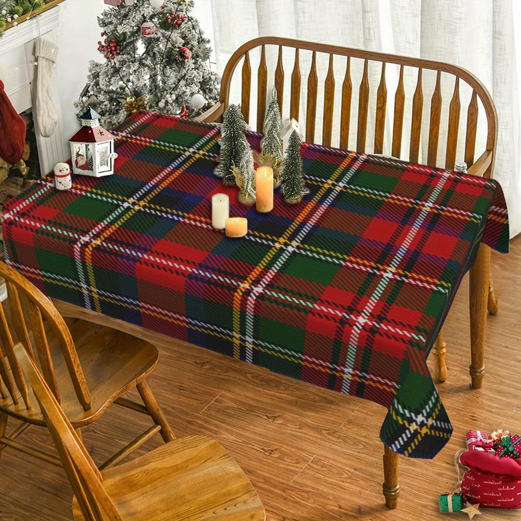 1pc Christmas Red and Green Checkered Vintage Pattern Printed Rectangular Tablecloth, Polyester Material Tablecloth, Washable Microfiber Tablecloth, H