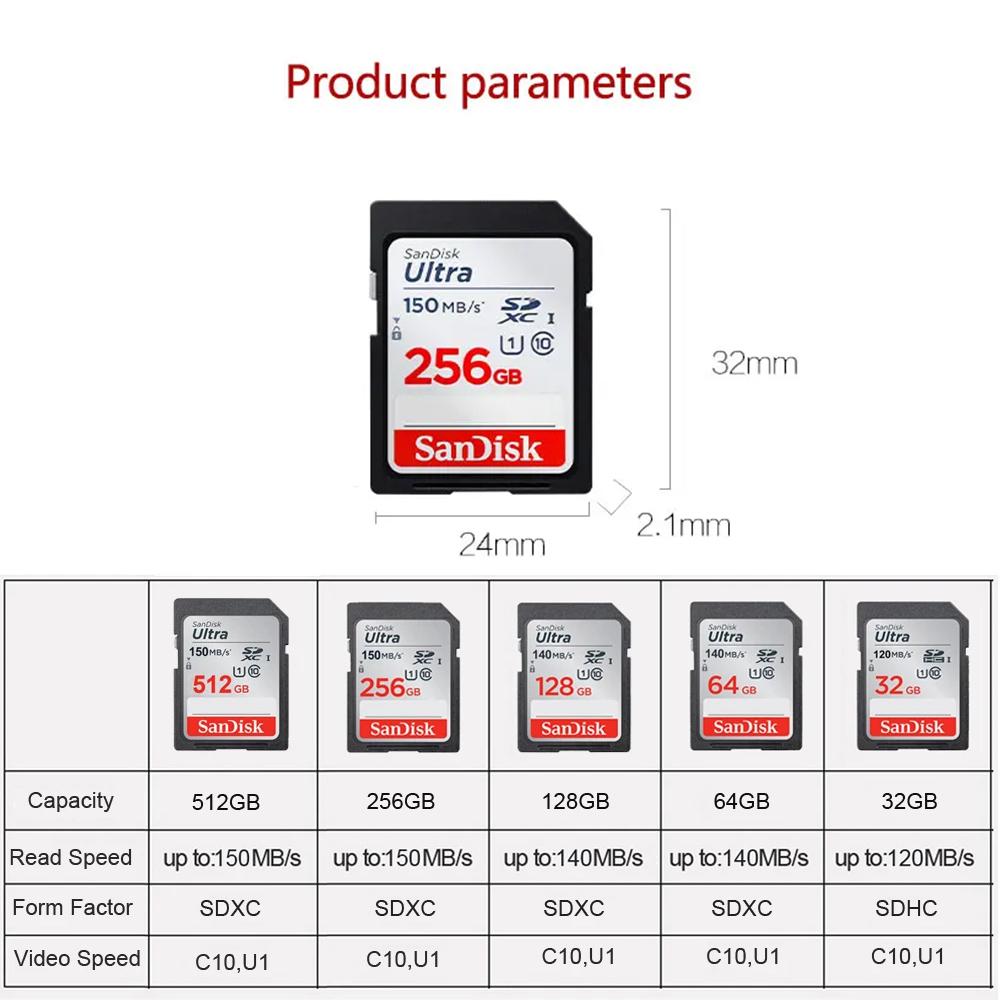 SanDisk SD Card 64GB 128GB 256GB V10 32GB Normal Full Size Original Sandisk Ultra Flash SD Memory Card High Speed Sdxc UHS-I for Camera