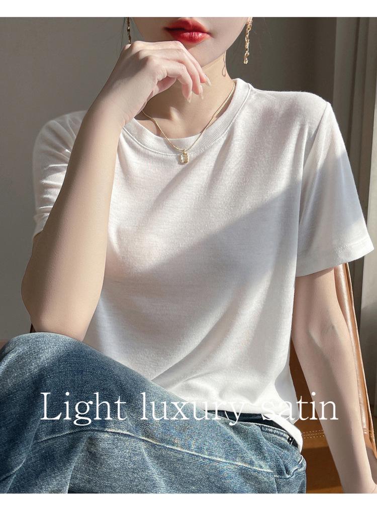 Women's Summer Tencel Lyocell Short Sleeve Round Neck Solid Color Loose Top