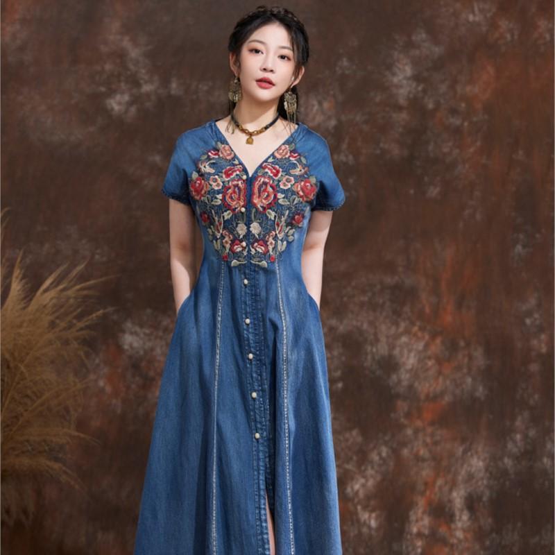 Johnature Chinese Style Casual Embroidery Vintage Cowboy Dress Summer Women Solid Color Niche Design Dresses