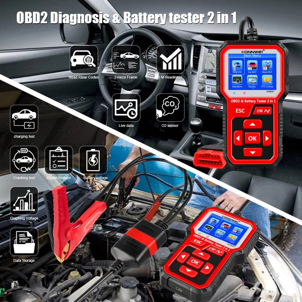 2025 KONNWEI KW681 Professional Car OBD2 Scanner Auto Diagnostic Tools 6V12V 2 In 1 Car Motorcycle OBD2 Battery Tester Tools
