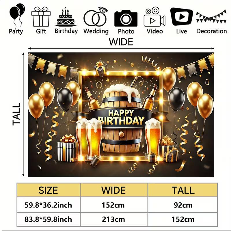 2D Flat Beer Barrel Birthday Banner Black & Gold Themed Backdrop for Men's Beer Celebration Party