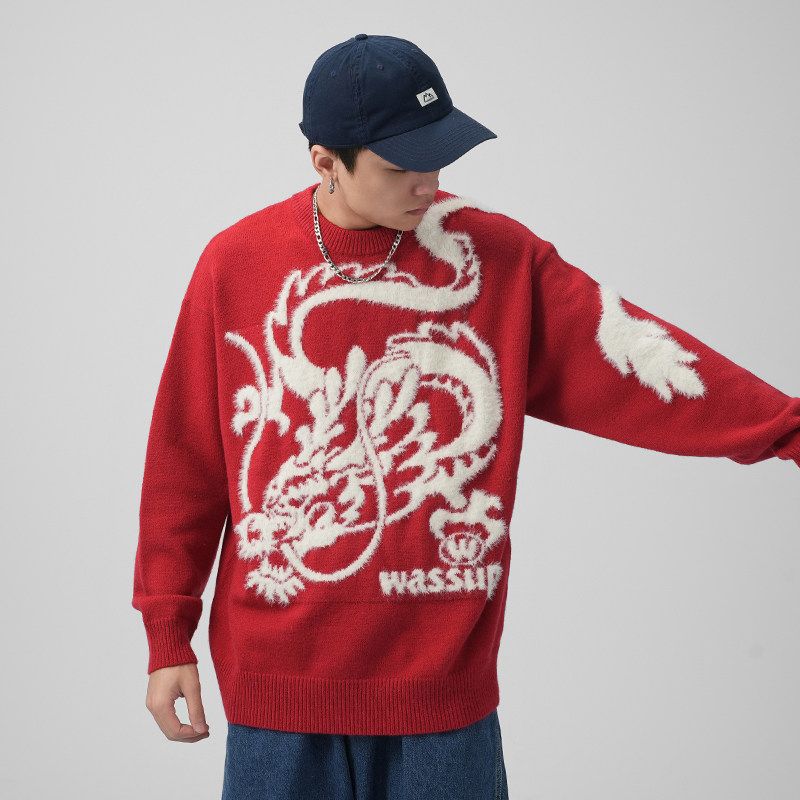 Wassup Heods Year of the Dragon Limited Edition Trendy Brand Knitted Sweater for Men, Autumn and Winter Warm Loose-Fitting Couple's Red Top