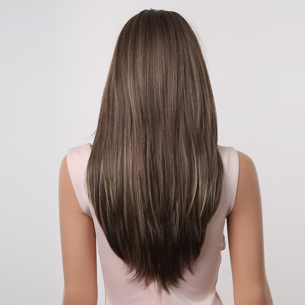Miękkie, proste, brązowe, warstwowe peruki syntetyczne z długą grzywką