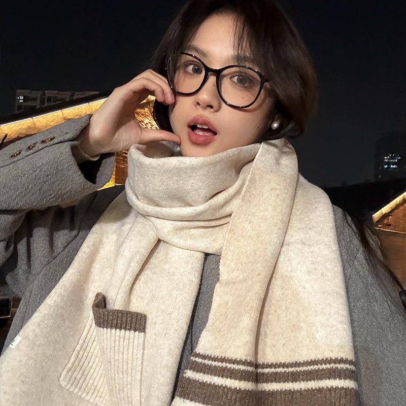 Pocket Scarf for Women Autumn and Winter Plaid Striped Wool Blend Versatile Student Couple Warm Scarf Dual Purpose Trendy