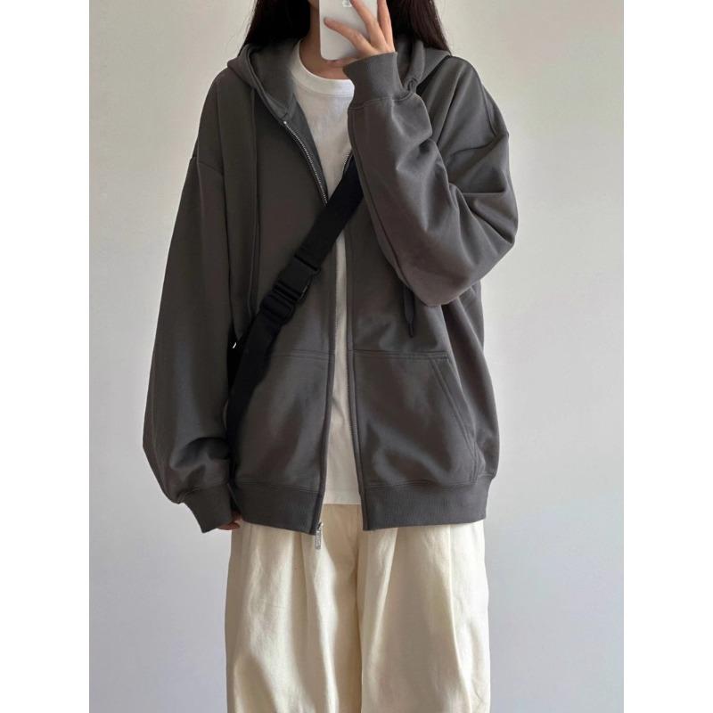 Lazy wind premium gray sweater jacket women's spring and autumn casual sports hooded zipper top cardigan versatile