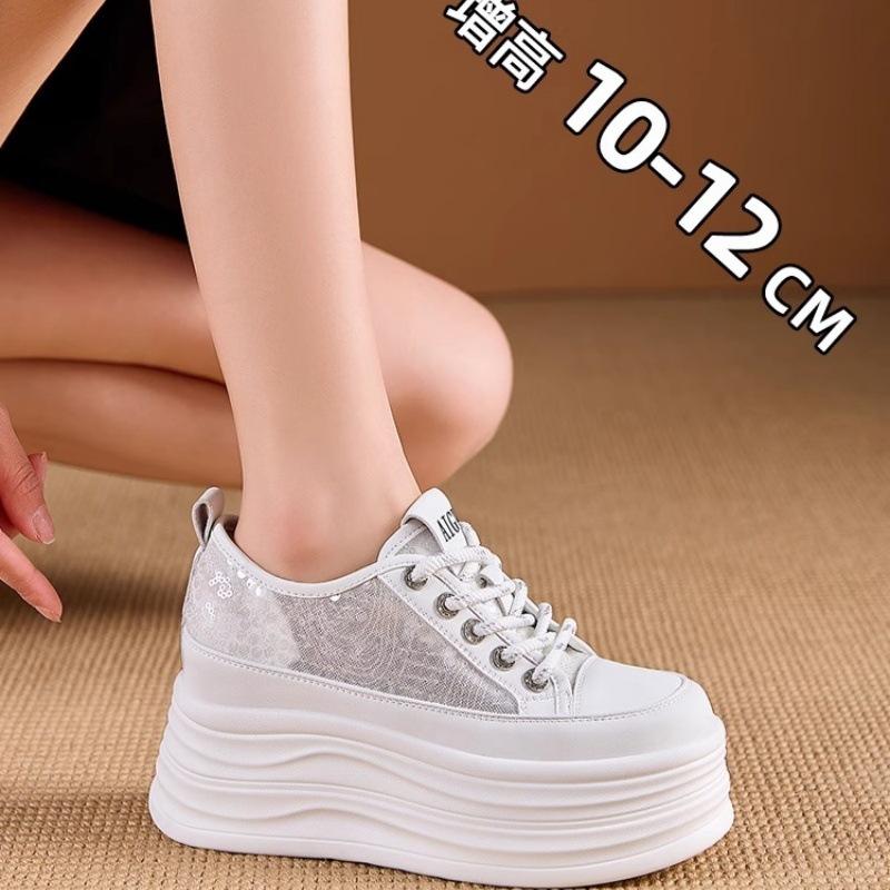 Little white shoes women's 2025 spring new sequined mesh breathable casual shoes versatile thick sole inner height increase 10CM women's shoes