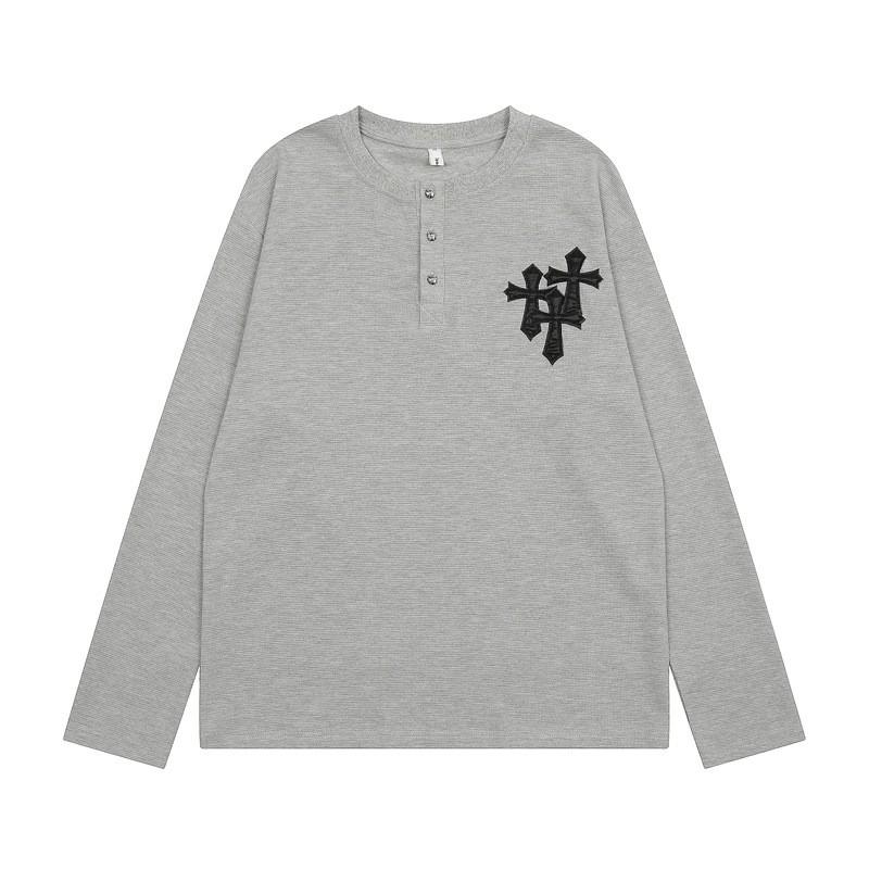 Unisex Retro Streetwear Kreuz Besticktes Patch T-Shirt Lockerer Schnitt Langarm Baumwollmischung Oberteil