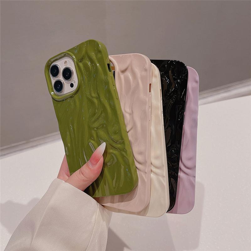 Glitter Candy Color 3D Folds Texture Phone Case For iPhone 15 11 12 13 14 Pro Max Fashion Irregular Ripple Shockproof Soft Cover