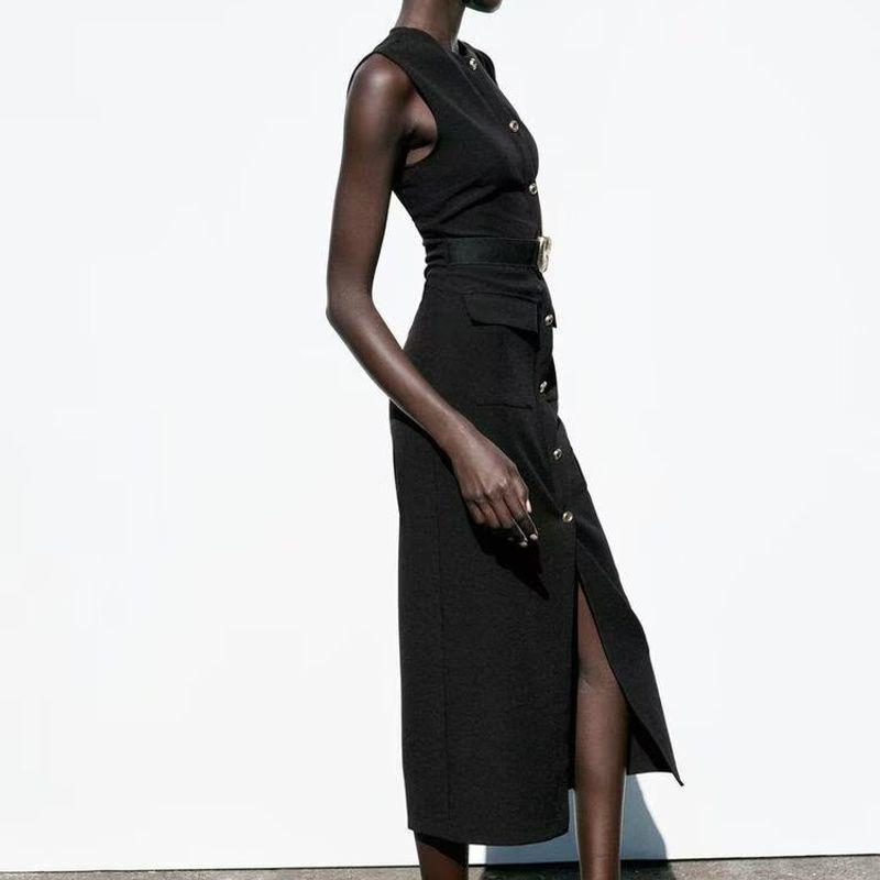 Za Export New Arrival Women's Clothing ZR Fashion Style with Belt Crepe Sleeveless round Neck Midi Skirt Dress 3897054