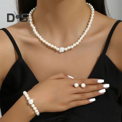 3 Pcs/Set Women Jewelry Set Faux Pearl Earrings Necklace Bracelet Adjustable Length Rhinestone Decor Polished Prom Party Wedding Party Bride Jewelry