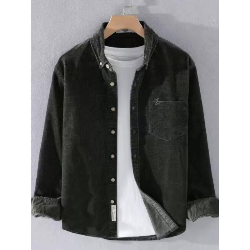 Pánská retro manšestrová bunda volného střihu - japonský styl, s dlouhým rukávem, velké velikosti pro jaro a podzim.