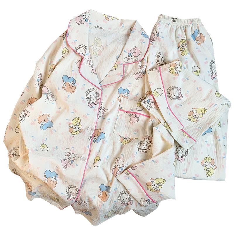 Japanese-Style Cute Cat Print Cotton Pajamas for Women, Long-Sleeved Home Set for Spring & Autumn