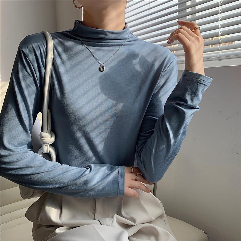 

Осенний однотонный облегающий базовый топ для девочек, теплый с длинными рукавами и полувысоким воротником ONE SIZE синий