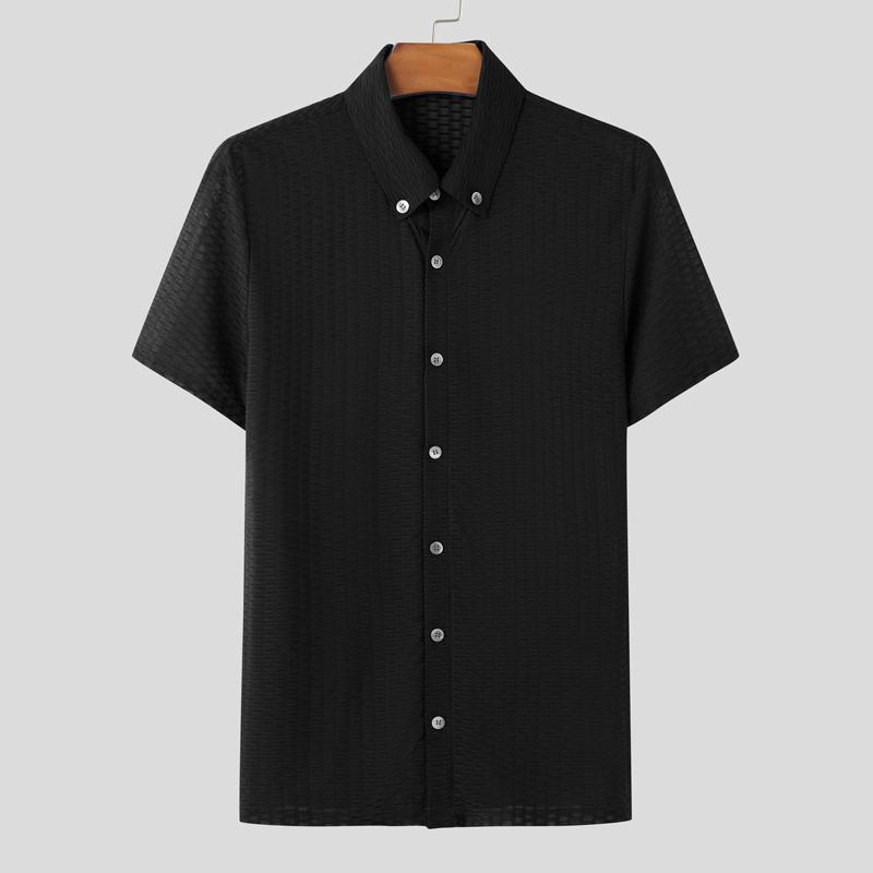 

INCERUN Summer Men Lapel Neck Short Sleeve Buttons Semi-Sheer Casual Fitted Shirts Tops S чёрный