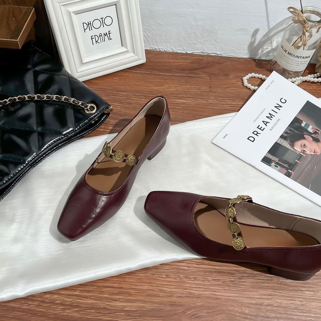 Grape mother French retro single shoes women's outer wear one word with small gold coins thick heels high heels soft soles not tired feet women's shoe