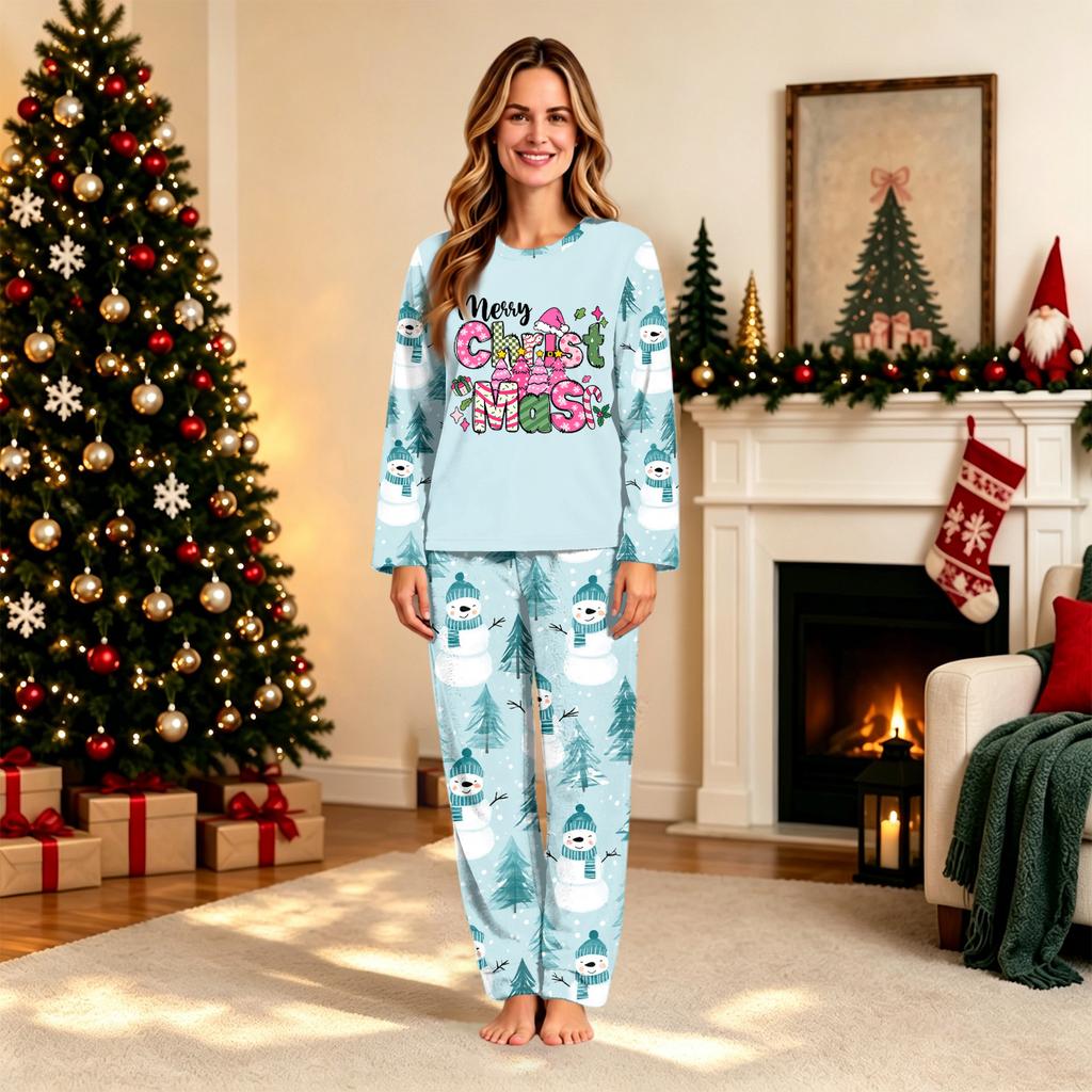 Christmas Print Long Sleeve Long Pants Family Matching Pajama Set for Holiday Loungewear