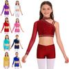Sparkly Rhinestones Dance Crop Top for Girls: Irregular Shoulder Design Paired with V-Front Waistband Shorts for Dance Shows