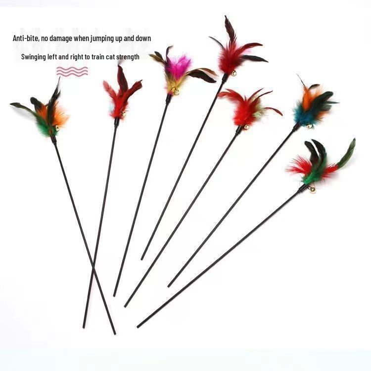Colorful Cat Teaser with Bell, Feather, and Spring Rod for Self-Play