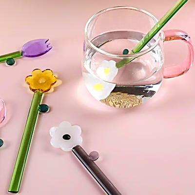 1 PZ Bastoncino Multifunzionale a Forma di Fiore Manico Lungo Colorato Cucchiaio da Dessert in Vetro Fresco