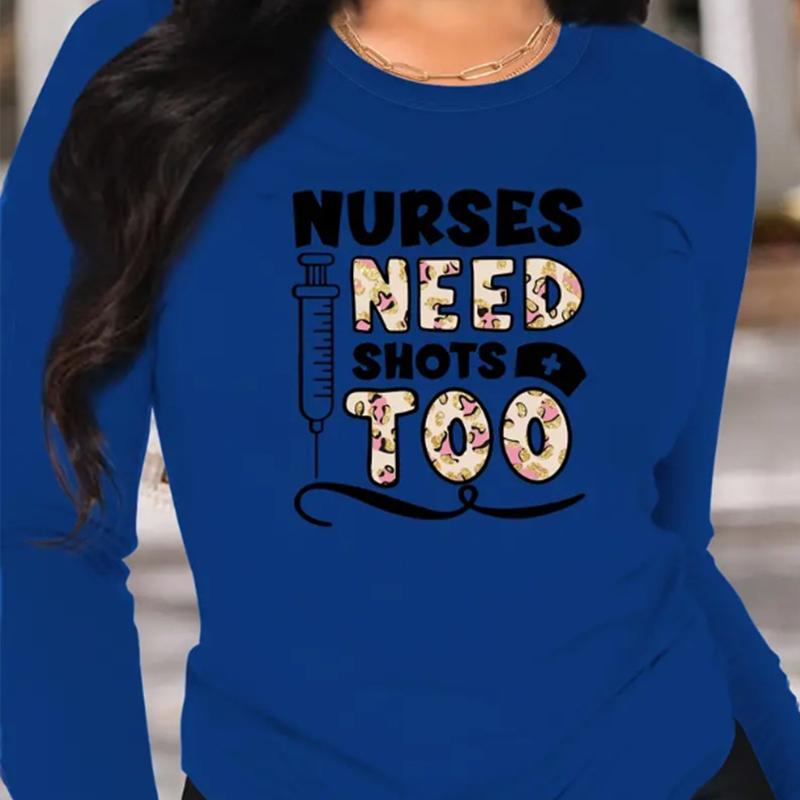 Tops For Women Cartoon Letters Print Round Neck Long Sleeve T-shirt Fall Casual Slim Pullover Women's Long Sleeve Top