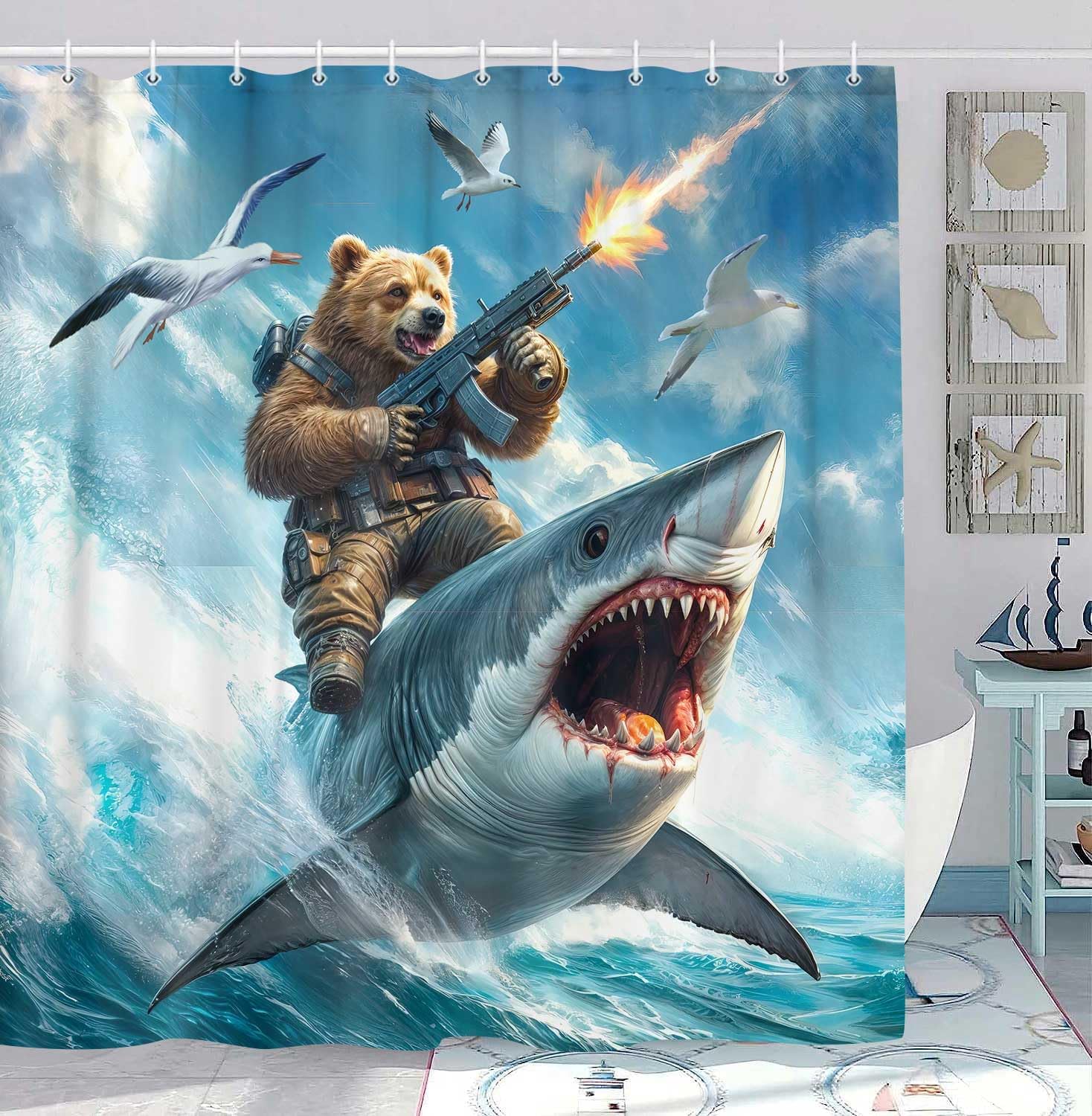 

Funny Cool Bear Riding Shark Shower Curtain Blue Ocean Summer Fun Animal Beach Nautical Fabric Bathroom Decor Curtain Hooks W60H190(CM)-1 Pcs