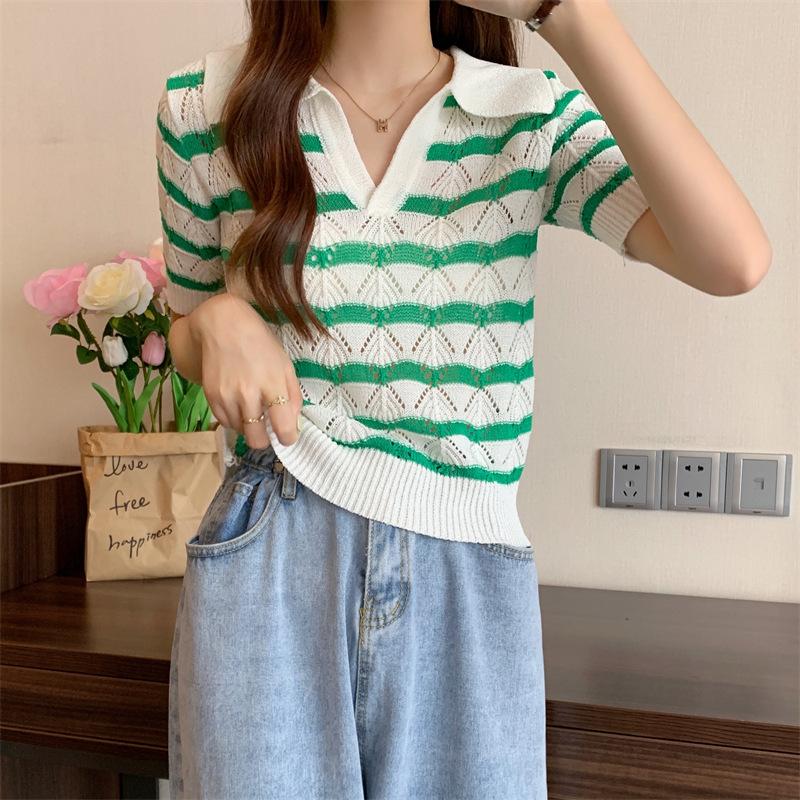 

Summer Design Sense Niche Chic Stripes Retro Hollowed Out Lapel Knit Shirt Short-sleeved Tops Casual Essential Comfort Style Slim Fit Pullovers Tees One Size зелений