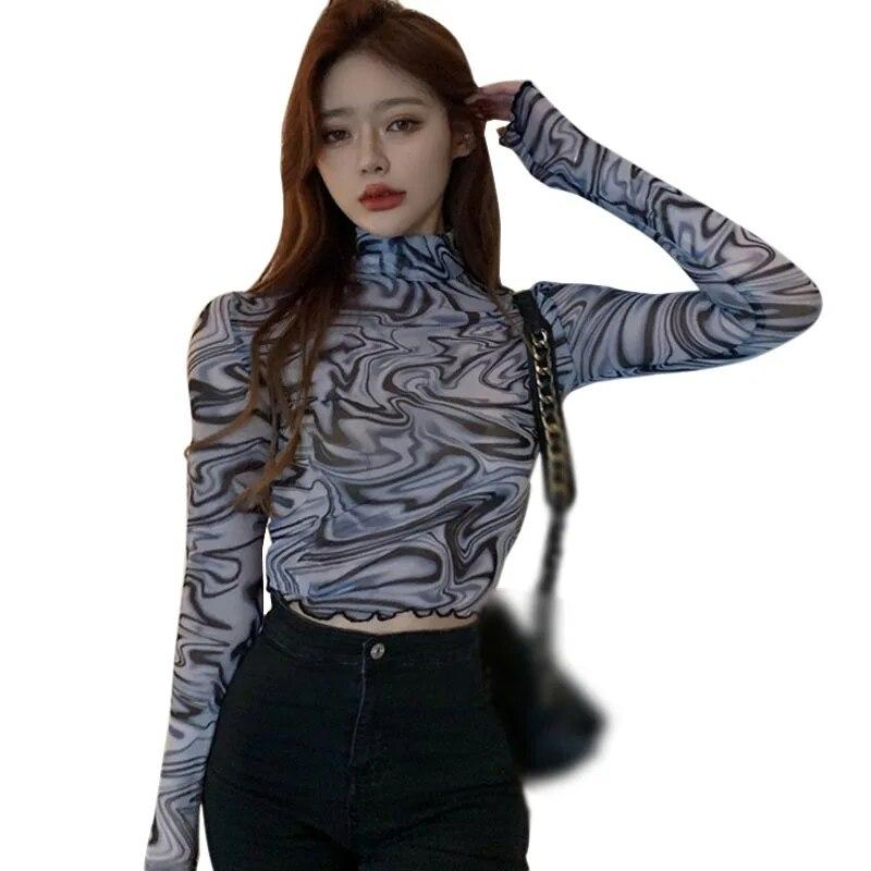 

Женская узкая нижняя рубашка ранней осени, сетчатая рубашка с длинными рукавами и коротким верхом, размазанная One Size