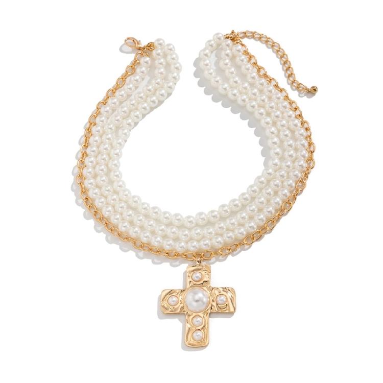 Practical Pearls Embellished Elegant Gold Crosses Necklace Decoration for Women with Layer Statement Pieces Pendant