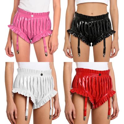 Calcinhas de Couro PU Femininas Roupa Íntima com Barra Franzida Calções Bloomer Franzidos Presilhas de Meia-Liga Roupa de Dormir Brilhante