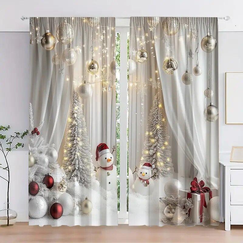2 pieces - Christmas printed curtains with snowman and tree patterns   home decoration   room decoration